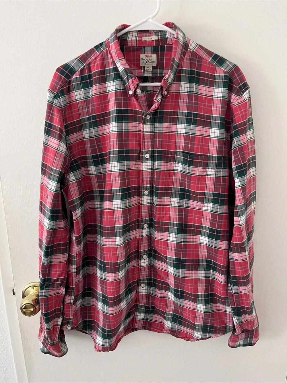 J. Crew Men’s All Cotton Oxford Button Down  Slim Fit Plaid Red White Green XL